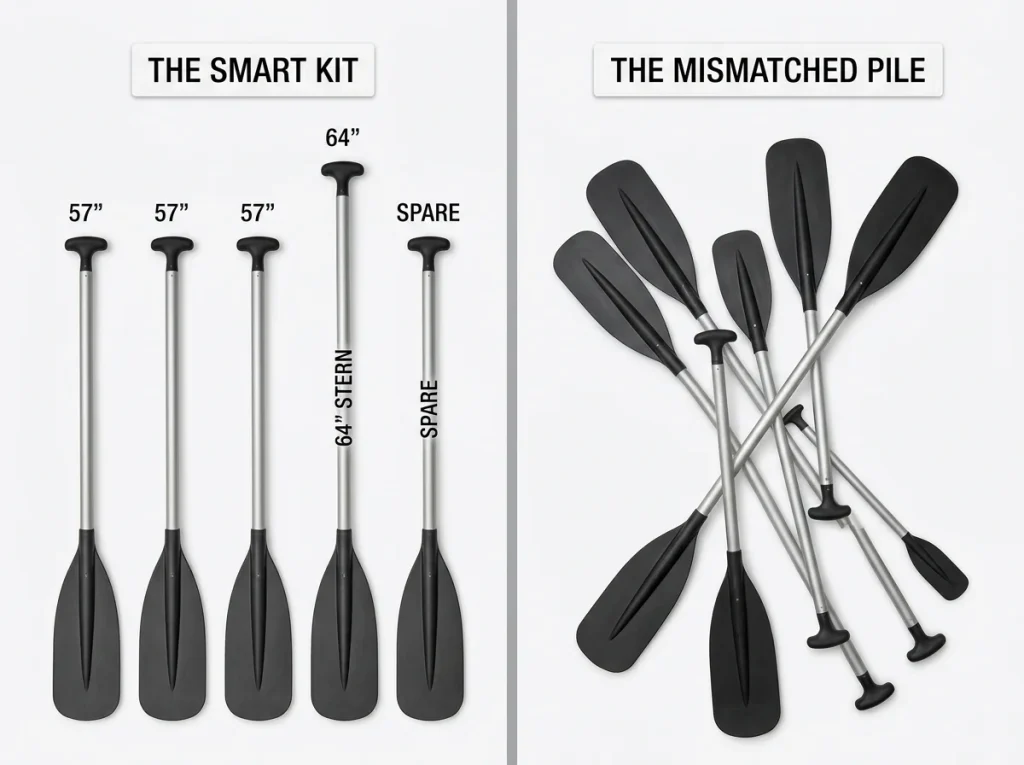 Flat-lay comparing a smart 4-paddle crew kit with labeled lengths against a chaotic pile of 6 mismatched custom paddles