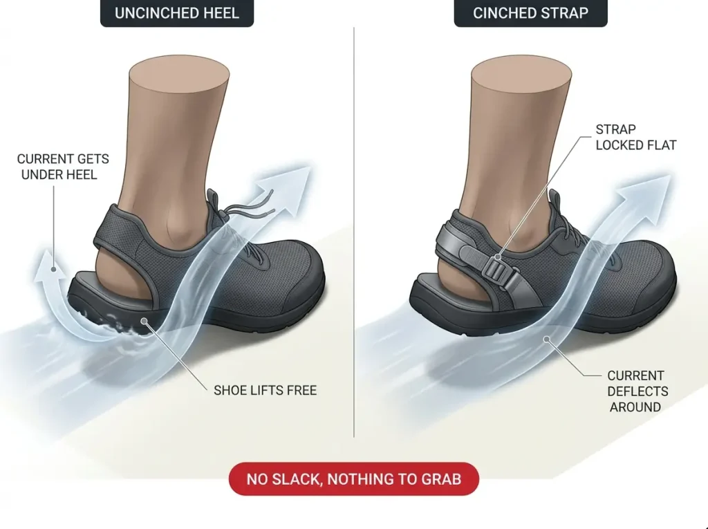 Diagram showing river current force levering an uncinched heel off a foot versus a cinched strap holding the shoe flat and secure