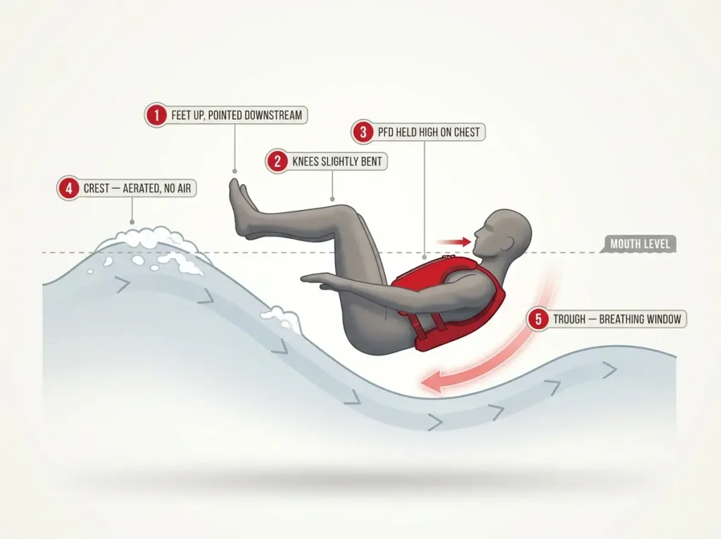 Diagram showing defensive swimming position in whitewater with PFD placement and breathing window at wave troughs