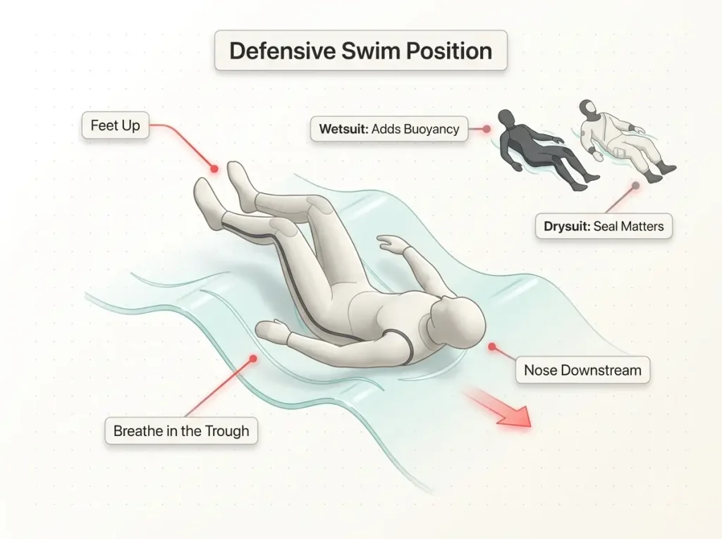 Infographic showing the defensive swim position with feet up and nose downstream, annotated with how suit type affects buoyancy