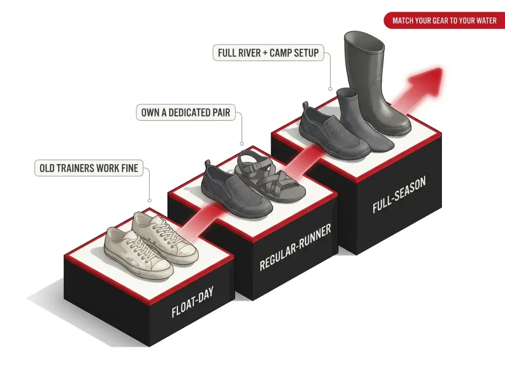 Tiered ladder infographic showing what rafting footwear each usage level needs, from float-day to regular-runner to full-season