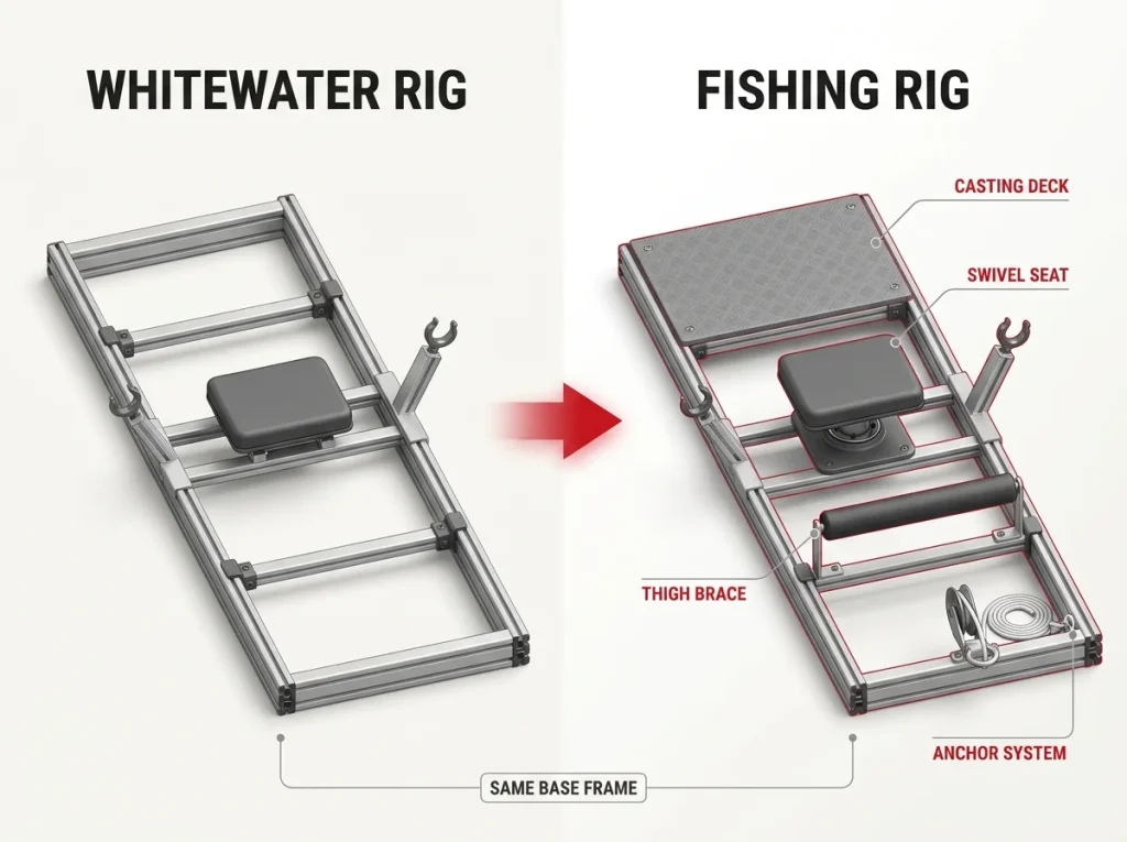 Before-and-after diagram of a raft frame converted from whitewater rowing rig to a fishing setup with added parts marked