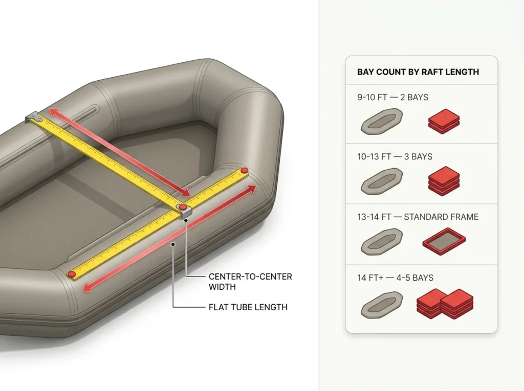 Step-by-step diagram showing how to measure center-to-center width and flat tube length with a bay-count reference table