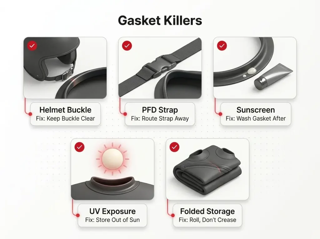 Infographic showing five drysuit gasket killers — helmet buckle, PFD strap, sunscreen, UV, folded storage — each with a one-line fix