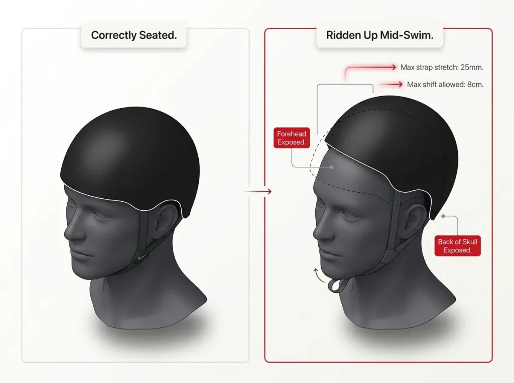 Infographic comparing a correctly seated rafting helmet versus one ridden up mid-swim with EN 1385 strap-stretch measurements