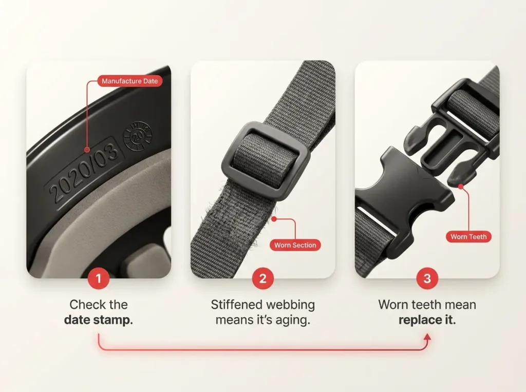 Infographic showing three helmet retirement warning signs: date stamp, stiffened webbing strap, and worn buckle teeth