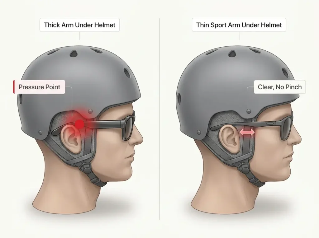 Diagram showing thick temple arm pinched under a rafting helmet strap versus a thin sport frame arm sitting flush