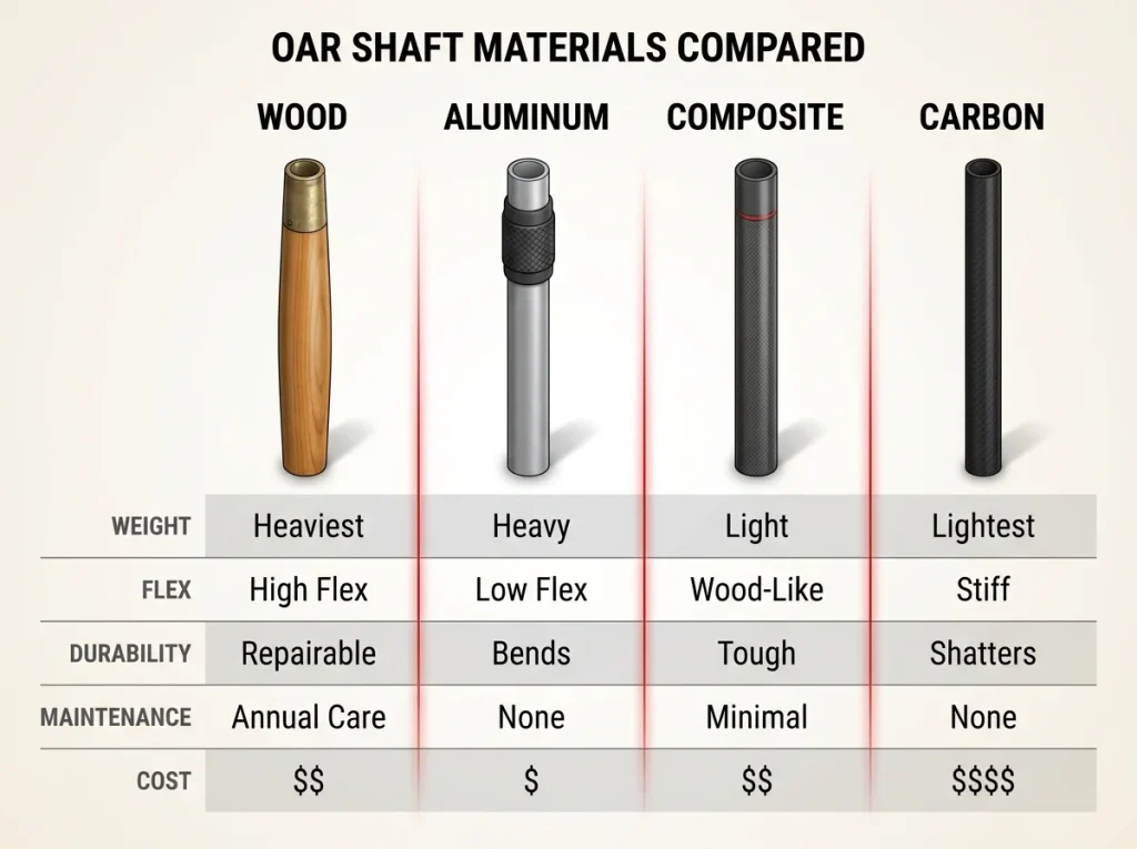 Infographic comparing wood, aluminum, composite, and carbon raft oar shafts by weight, durability, and cost