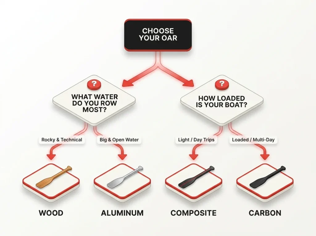 Decision flow diagram guiding rafters to wood, aluminum, composite, or carbon oars based on water type and boat load