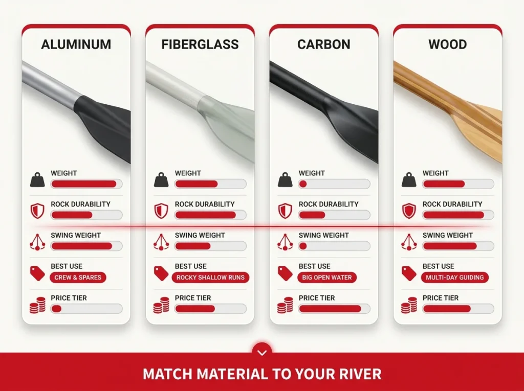 Comparison infographic of Aluminum, Fiberglass, Carbon, and Wood raft paddle shafts by weight and durability