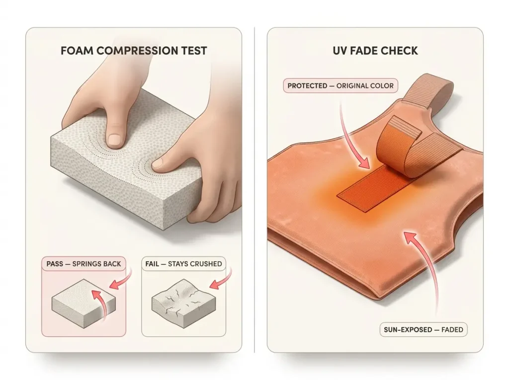 Two-part infographic showing PFD foam compression test and UV fade check with pass and fail indicators