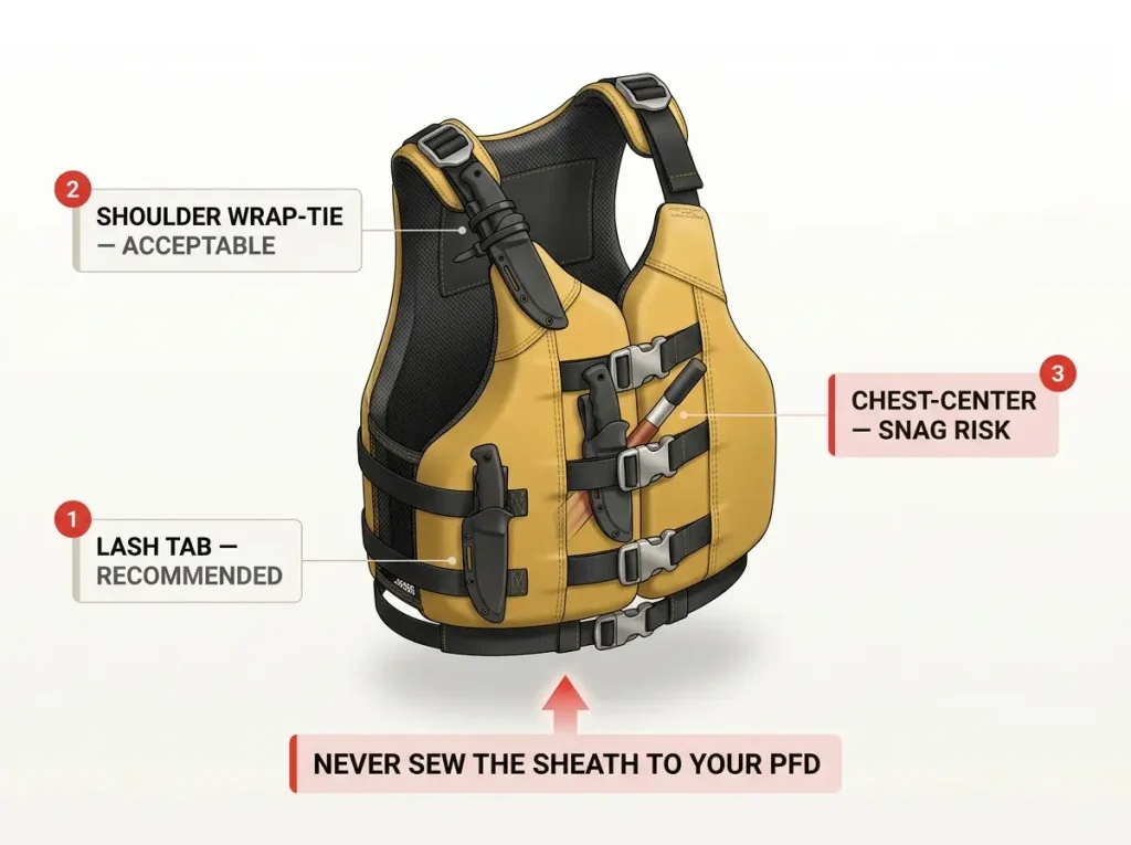 Diagram of a PFD front showing three river knife mounting positions: lash tab recommended, shoulder wrap-tie acceptable, chest-center snag mistake
