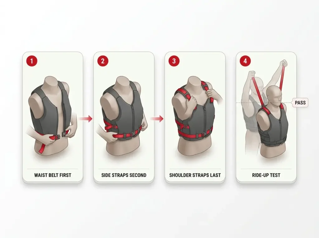 Four-panel infographic showing correct PFD strap tightening order and the ride-up fit test with pass-fail line