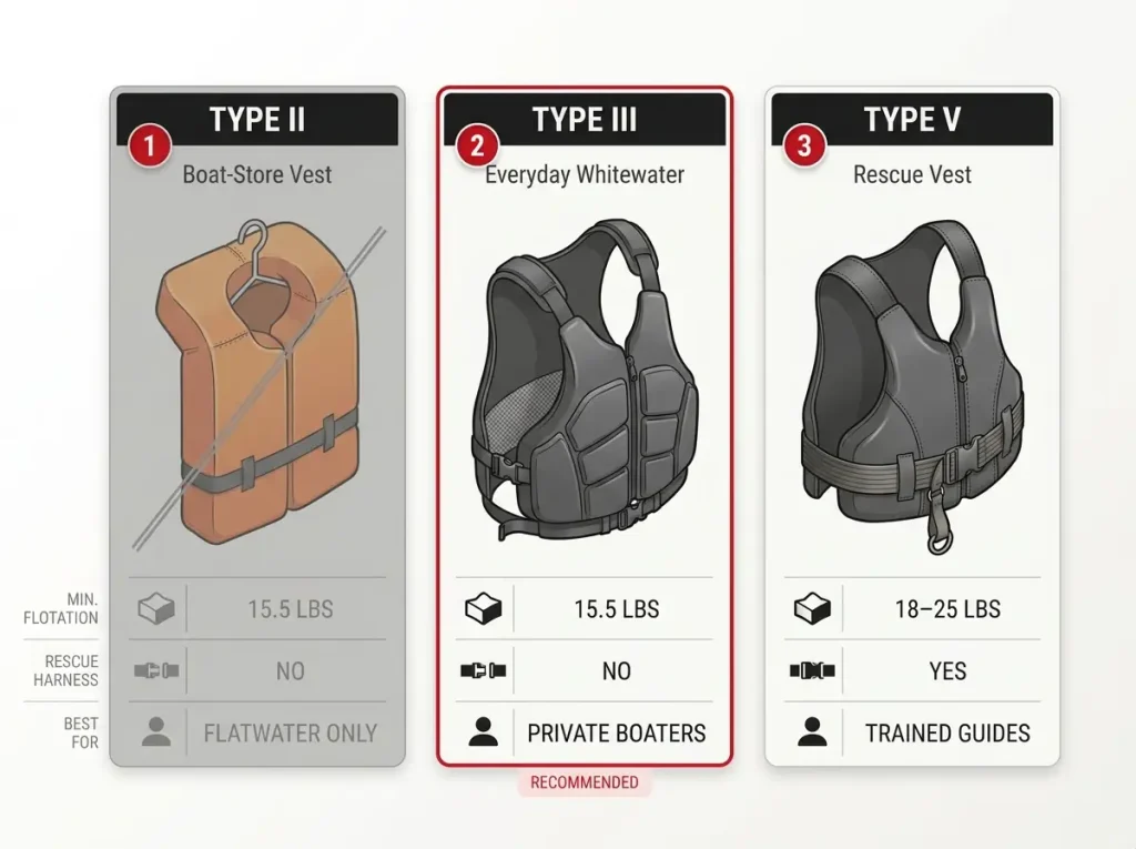 Infographic comparing Type II, III, and V rafting PFDs by flotation, rescue harness, and intended use