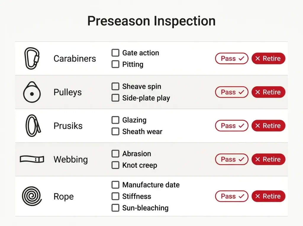 Annotated checklist showing preseason inspection cues for carabiners, pulleys, prusiks, webbing, and rope with pass or retire markers