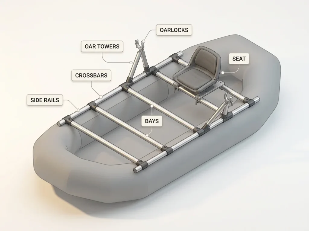 Diagram of a rigged raft frame labeling side rails, crossbars, bays, oar towers, oarlocks, and seat