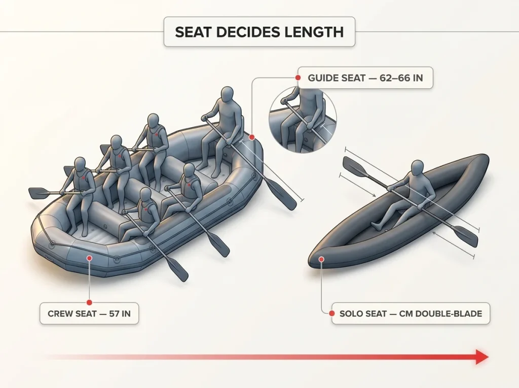 Diagram of raft seats — bow crew, stern guide, IK solo — each labeled with correct paddle length