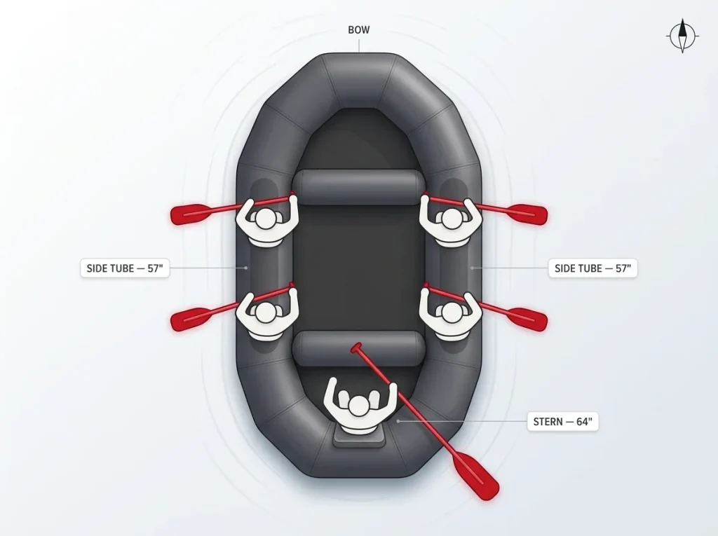 Overhead diagram of a paddle raft showing seat positions color-coded by paddle length: side tubes 57 inches, stern 64 inches