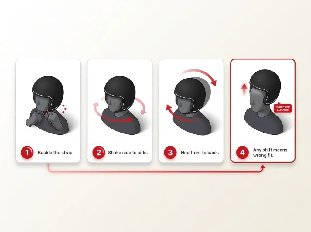 Infographic showing the 4-step helmet shake test with buckle, side shake, nod, and forehead ride-up failure state