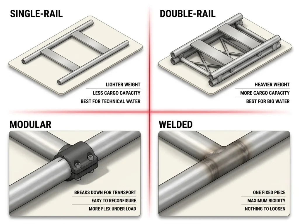 Comparison chart of single-rail vs double-rail and modular vs welded raft frames by weight, capacity, and rigidity