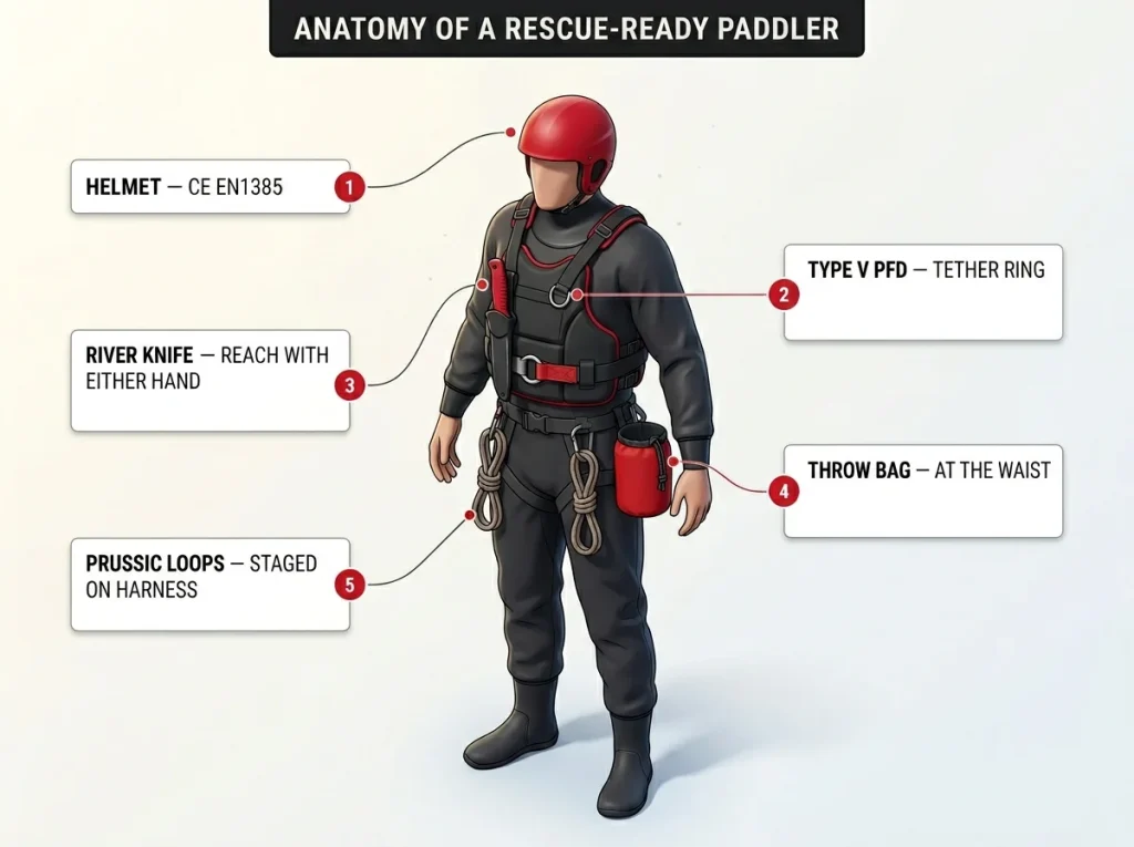 Annotated diagram of a Class IV-V rescue-ready paddler labeling helmet, Type V PFD tether ring, river knife, throw bag, and prussic loops