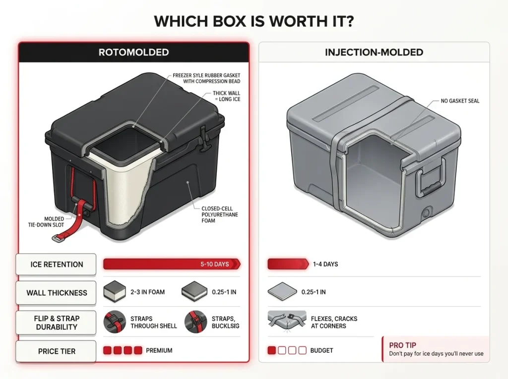Comparison chart showing rotomolded vs injection-molded rafting coolers across ice retention, wall thickness, durability and price