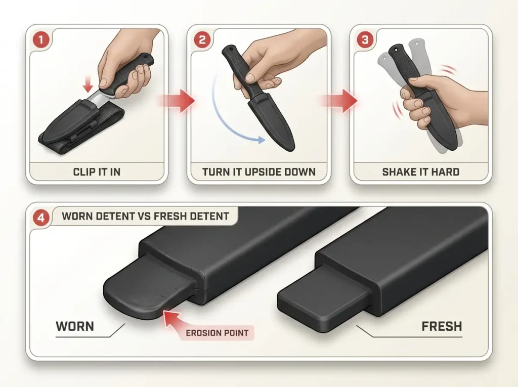 Step sequence showing the sheath shake test in three frames plus a close-up comparing a worn plastic detent to a new one