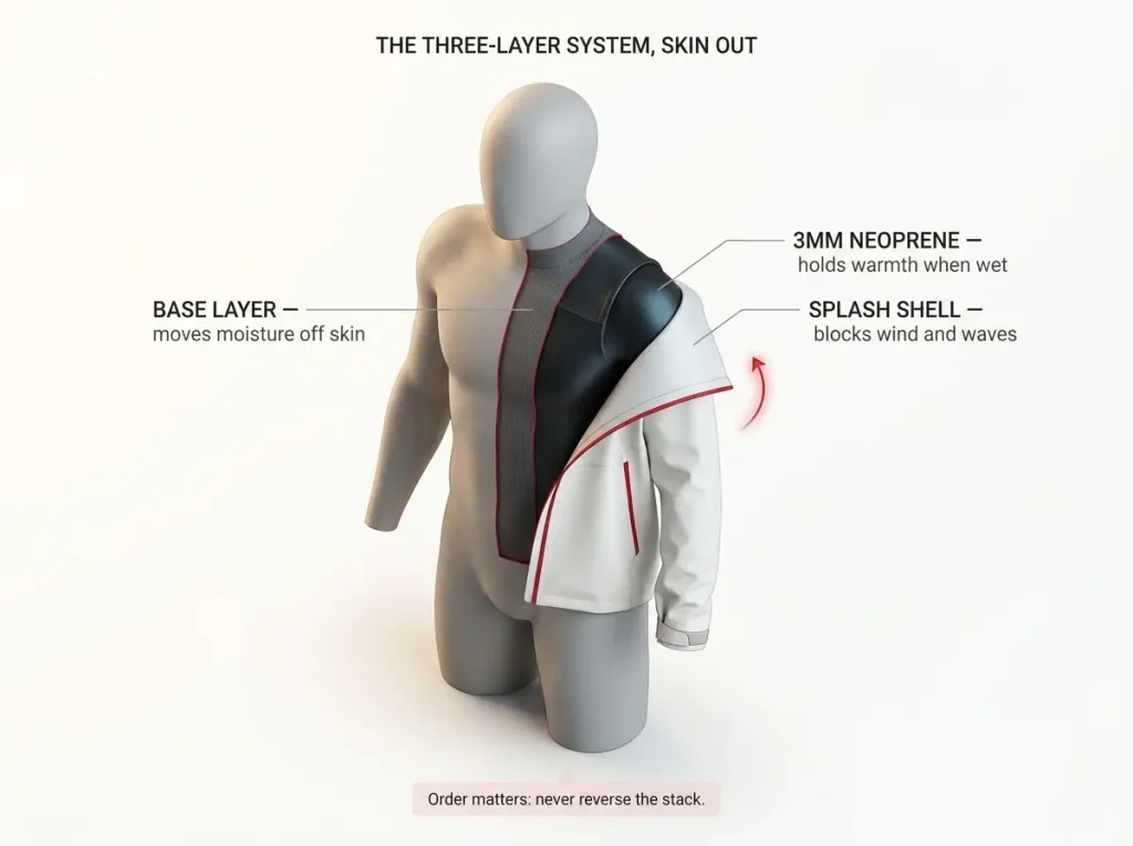 Infographic showing labeled cross-section of base layer, 3mm neoprene wetsuit, and splash shell on a paddler's torso and leg