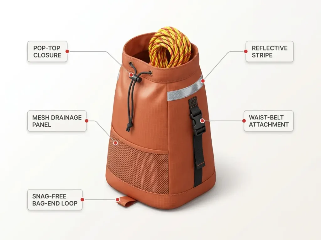 Annotated diagram of a rescue throw bag showing drainage panel, closure, snag-free loop, waist belt, and reflective stripe