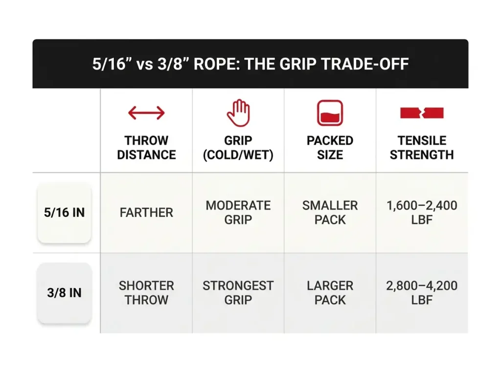 Comparison chart of 5/16 inch vs 3/8 inch throw rope showing throw distance, grip, pack size, and strength