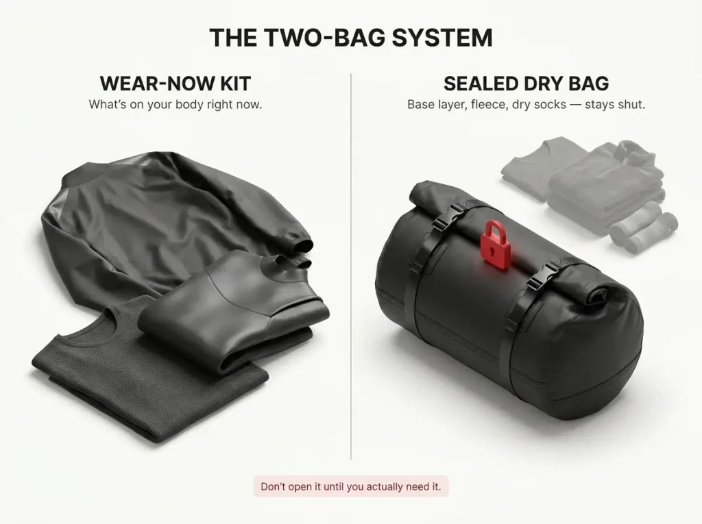 Infographic comparing the wear-now kit against a sealed dry bag with backup base layer, fleece, and dry socks for rafting