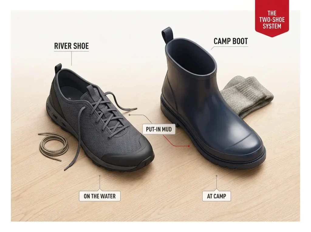 Flat-lay infographic showing a river water shoe and a camp boot side by side labeled for when each is worn during a rafting trip
