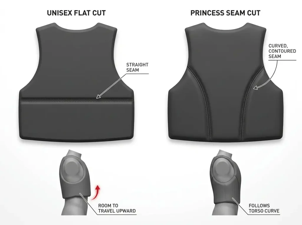 Diagram comparing unisex flat two-panel PFD cut versus women's princess-seam cut and fit on a shorter torso