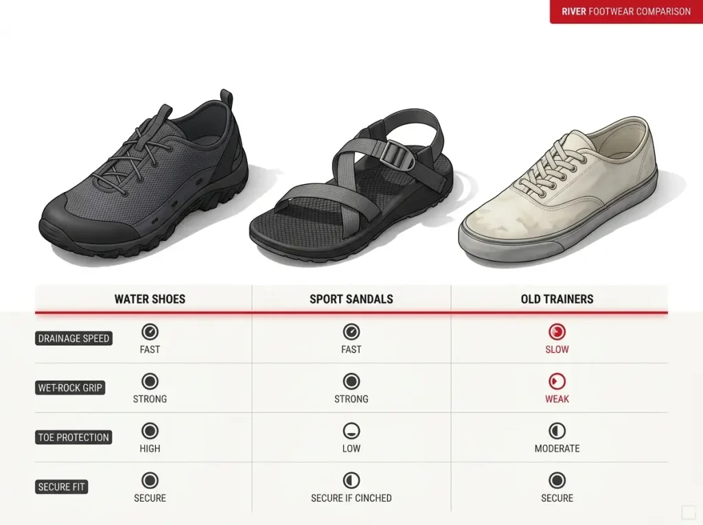 Infographic comparing water shoes, sport sandals, and old trainers for rafting across drainage, grip, toe protection, and fit