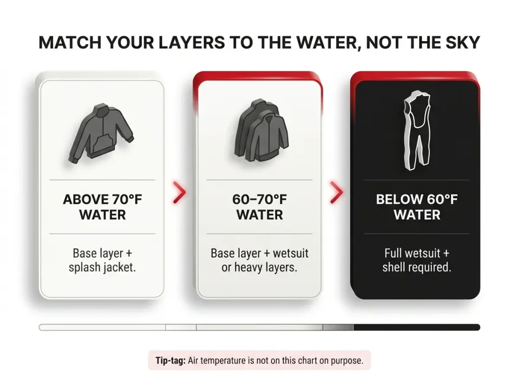 Infographic showing three water temperature bands mapped to rafting layer recommendations, above 70F, 60-70F, and below 60F