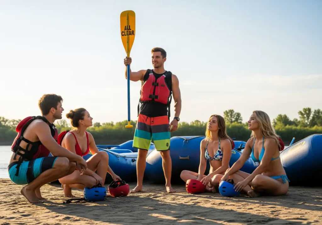 A group of rafters in swimwear participate in a pre-trip safety briefing on a riverbank, with a guide demonstrating a hand signal.