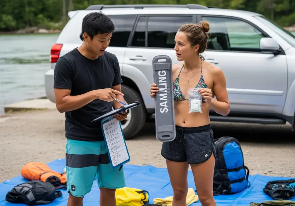 A couple in their late 20s use a checklist to adapt their river first aid kit for a specialized trip, comparing different medical supplies.