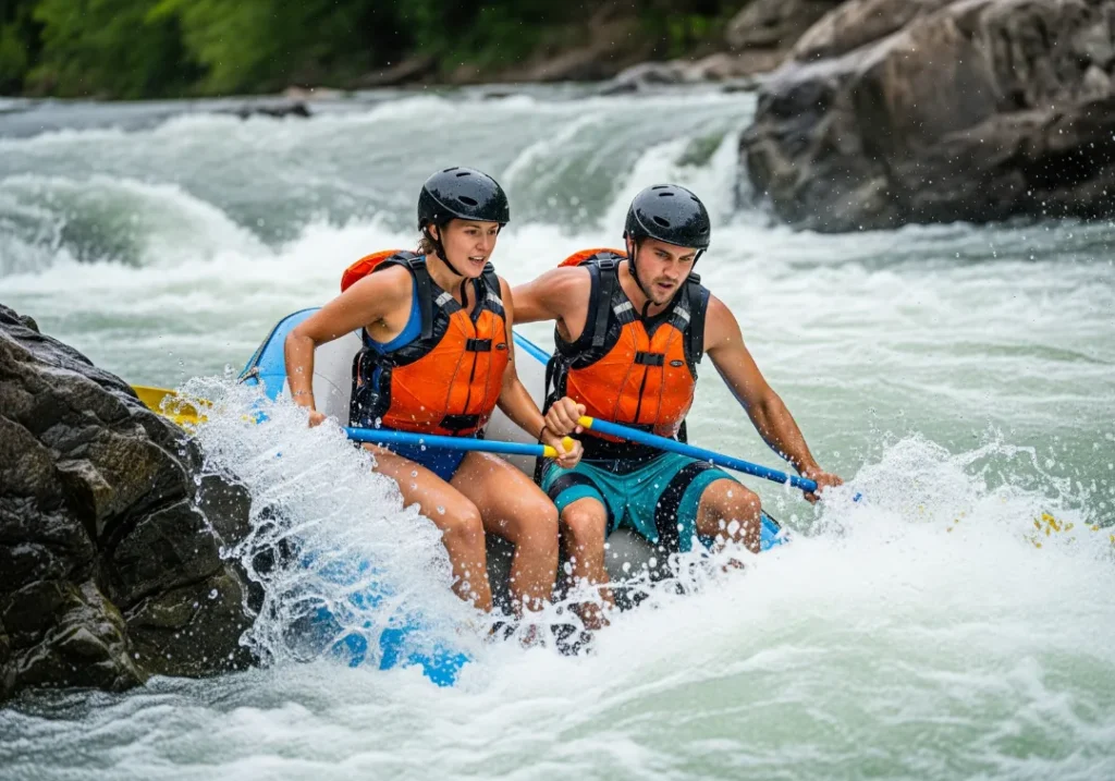 A man and woman wearing helmets and PFDs skillfully maneuver their raft into a tiny, difficult eddy in Class IV whitewater.