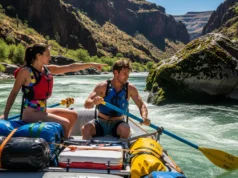 Advanced Oar Techniques: A River Runner’s Framework A fit couple in their late 20s rafting a sunny canyon, with the man using advanced oar techniques to maneuver the raft around a rock.