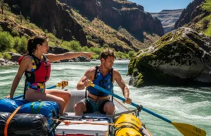 Advanced Oar Techniques: A River Runner’s Framework A fit couple in their late 20s rafting a sunny canyon, with the man using advanced oar techniques to maneuver the raft around a rock.