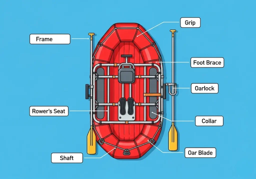 A clear diagram in a modern cartoon style showing the essential components of a rafting oar rig, with labels for the oar blade, shaft, grip, collar, oarlock, frame, rower's seat, and foot brace.
