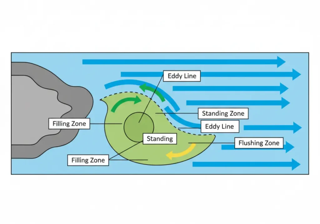 A diagram showing the anatomy of a river eddy. It labels the Main Current, the Eddy Line, and the three internal zones of the eddy: the Filling Zone, the calmer Standing Zone, and the Flushing Zone where water rejoins the current.