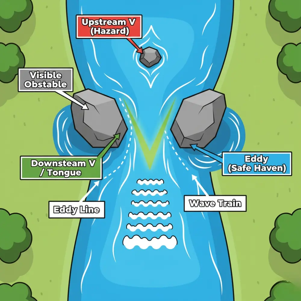 A top-down, bird's-eye-view diagram of a classic river rapid, serving as a visual glossary of key features, in a modern explainer cartoon style with vibrant colors and bold outlines.
