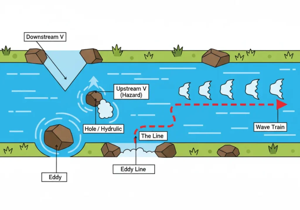 A detailed infographic diagram labeling the features of a whitewater rapid. It shows and identifies the 'Downstream V,' 'Upstream V,' an 'Eddy,' 'Eddy Line,' a 'Hole/Hydraulic,' and a 'Wave Train,' with a red dashed arrow indicating the safe 'Line' through them.