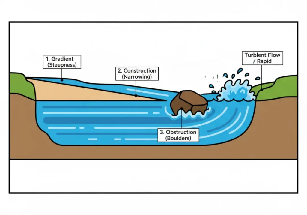 An infographic diagram showing how a river rapid is formed. It illustrates the three key factors: a steepening riverbed for 'Gradient,' narrowing banks for 'Constriction,' and a large boulder for 'Obstruction,' which combine to create turbulent whitewater.