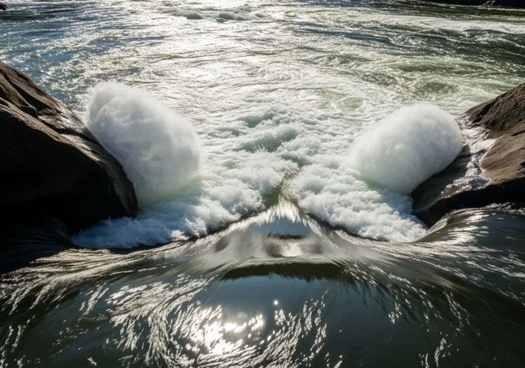 A clear view of a whitewater rapid showing the classic 'Downstream V' tongue of water indicating the main channel.