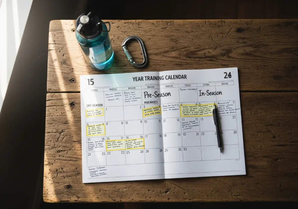 A year-long training calendar for rafting laid out on a wooden table with a water bottle and a carabiner nearby.
