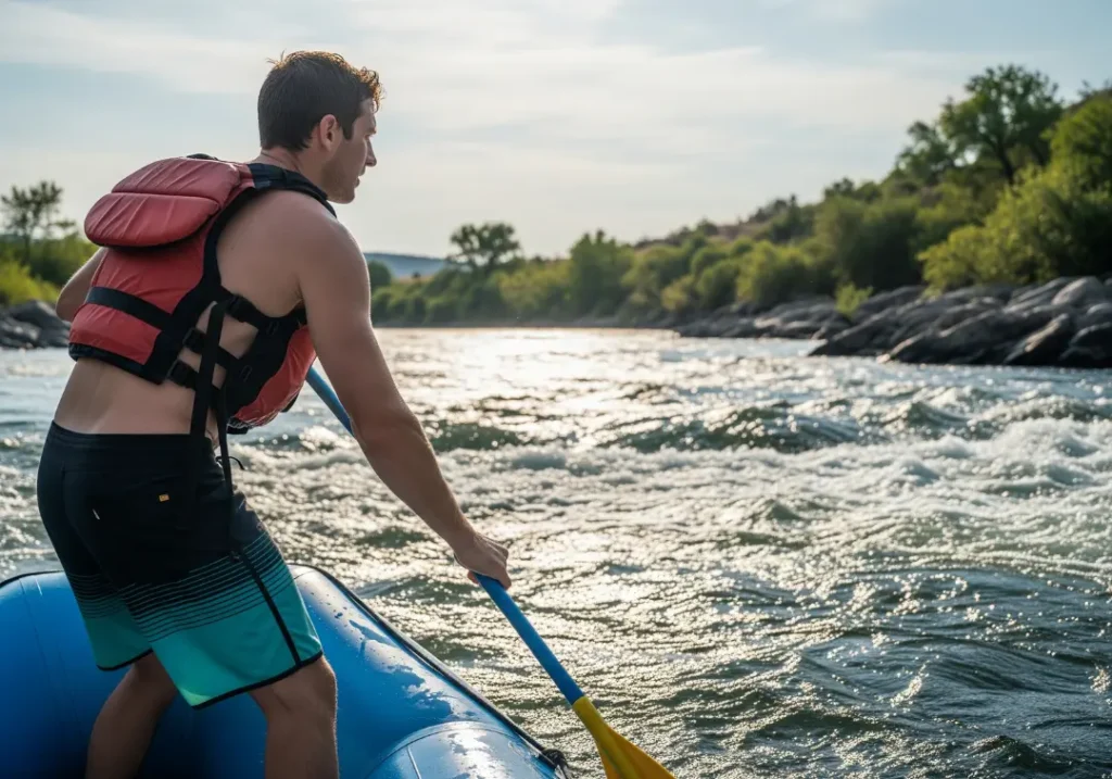 A full-body shot from behind a river guide in a raft as he looks down his chosen line through a whitewater rapid.