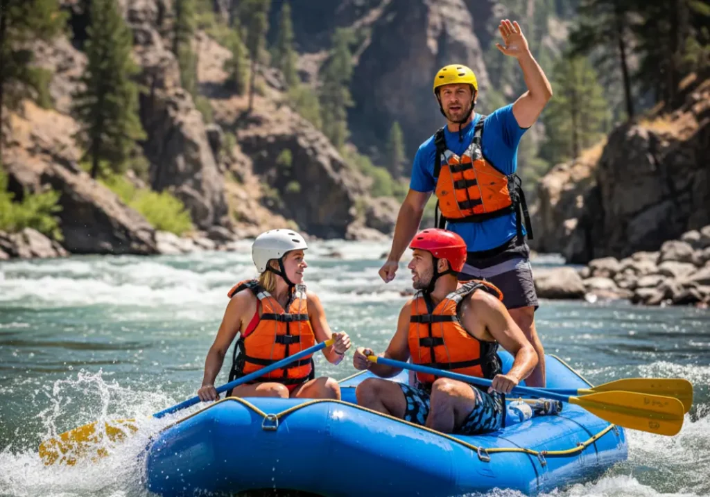 A full-body shot of a river guide giving instructions to a couple in a raft on a sunny day.