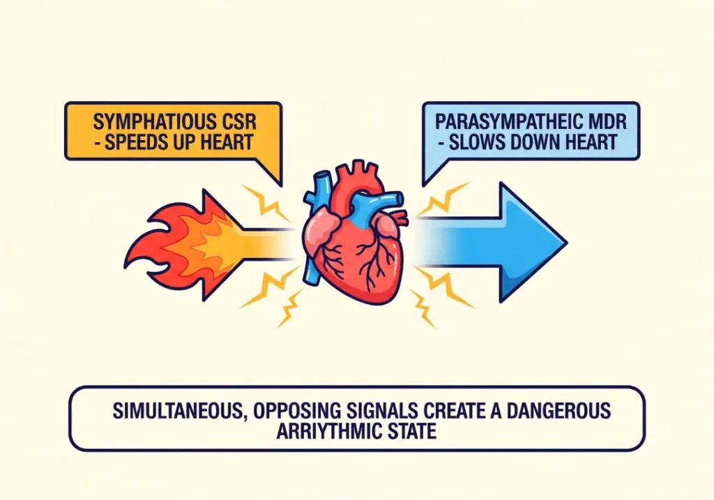 An infographic diagram explaining autonomic conflict, where a central heart icon is pulled in two opposite directions. One arrow represents the Sympathetic Cold Shock Response speeding the heart up, and the other arrow represents the Parasympathetic Mammalian Diving Reflex slowing it down, leading to a dangerous arrhythmic state.